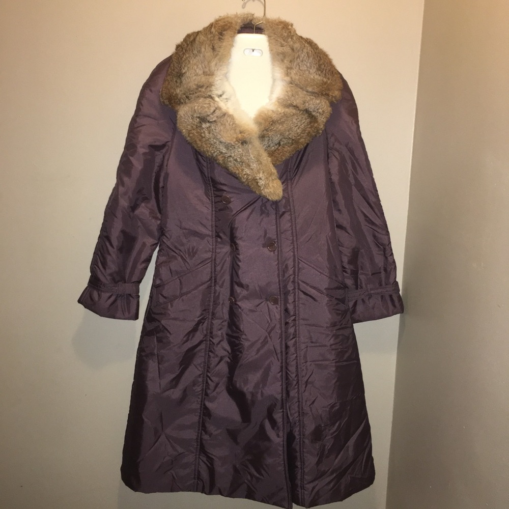 Long trench puffer coat with genuine rabbit fur